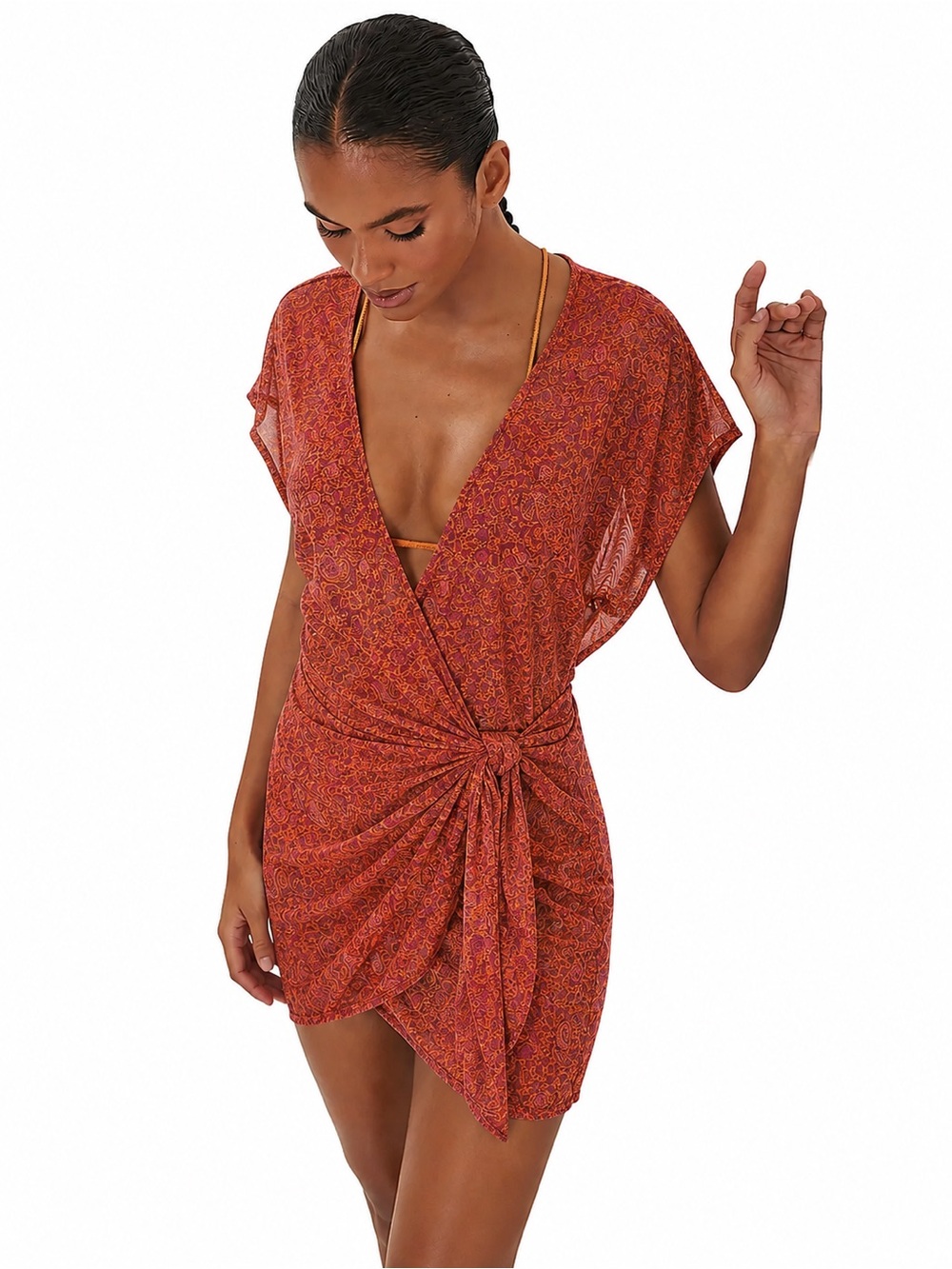 ViX Paula Hermanny Womens Emily Red 0731 orange Cover-Up wrap sheer small